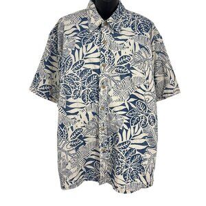 Cooke Street Honolulu Mens Large Blue Beige Leaf Cotton Hawaiian Aloha Shirt EUC